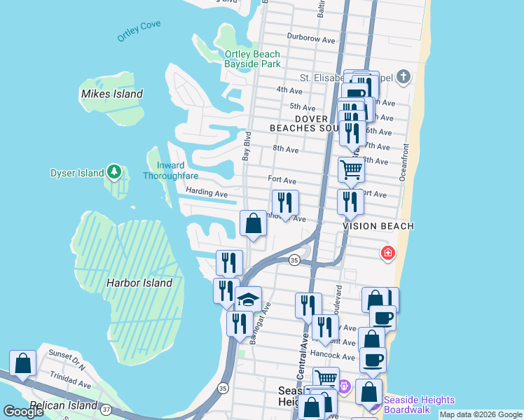 map of restaurants, bars, coffee shops, grocery stores, and more near 304 Eisenhower Avenue in Seaside Heights