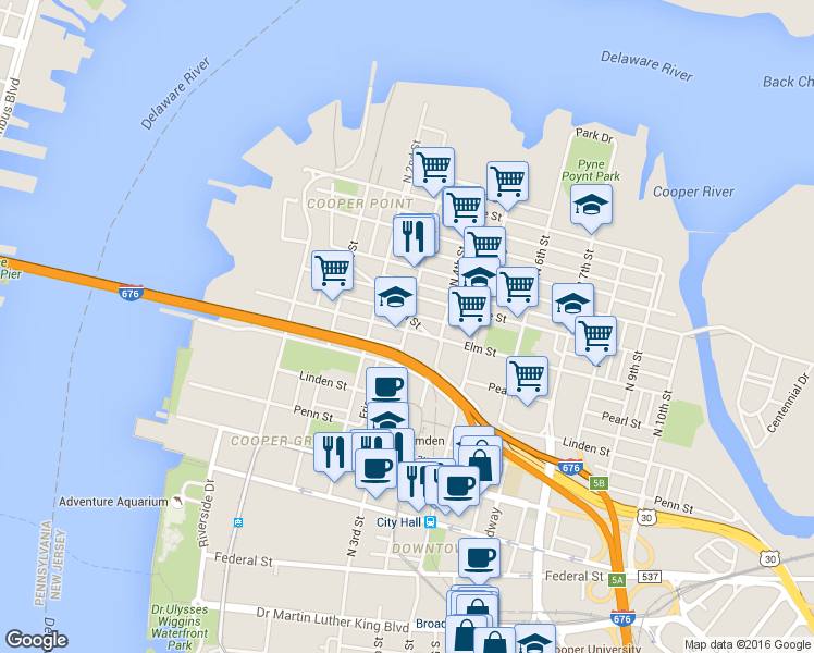 map of restaurants, bars, coffee shops, grocery stores, and more near 527 North 3rd Street in Camden
