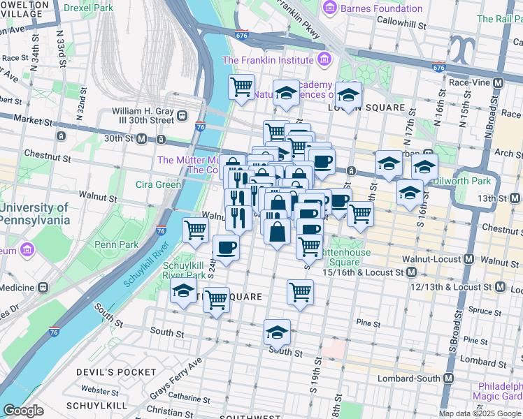 map of restaurants, bars, coffee shops, grocery stores, and more near 125 South 22nd Street in Philadelphia