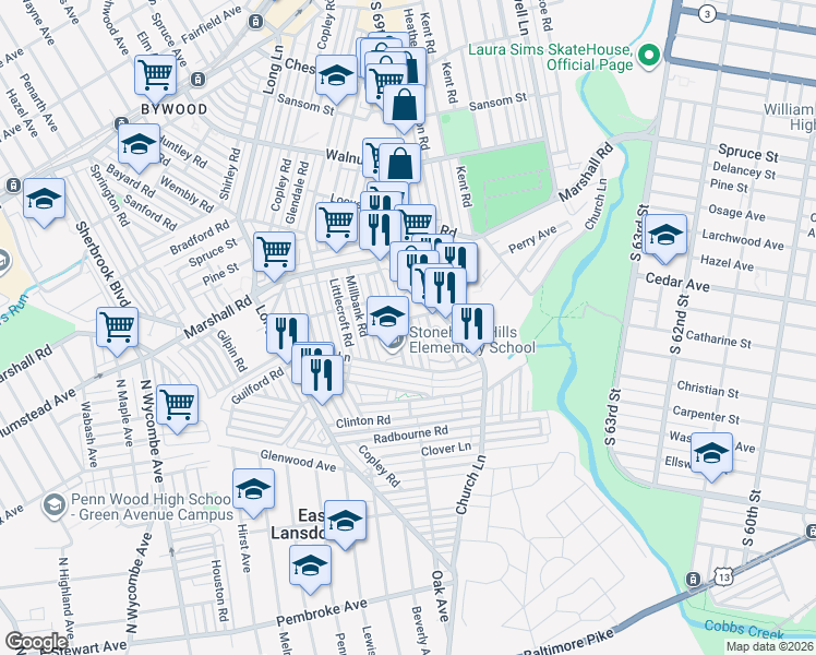 map of restaurants, bars, coffee shops, grocery stores, and more near 565 Timberlake Road in Delaware County