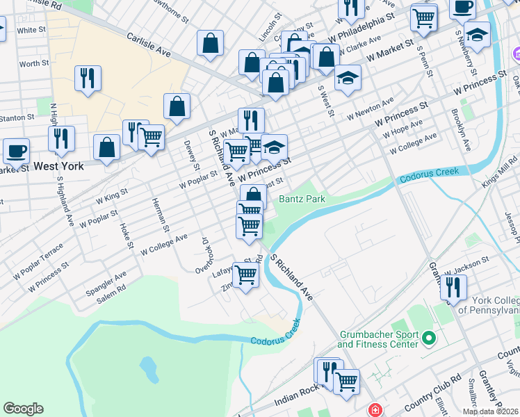 map of restaurants, bars, coffee shops, grocery stores, and more near 924 West College Avenue in York