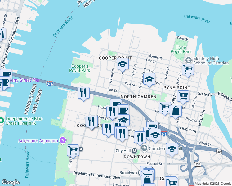 map of restaurants, bars, coffee shops, grocery stores, and more near 1 Pearl Street in Camden