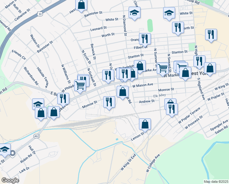map of restaurants, bars, coffee shops, grocery stores, and more near 26 South Oxford Street in York