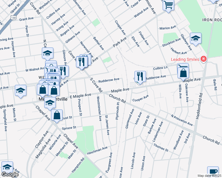 map of restaurants, bars, coffee shops, grocery stores, and more near in Pennsauken Township