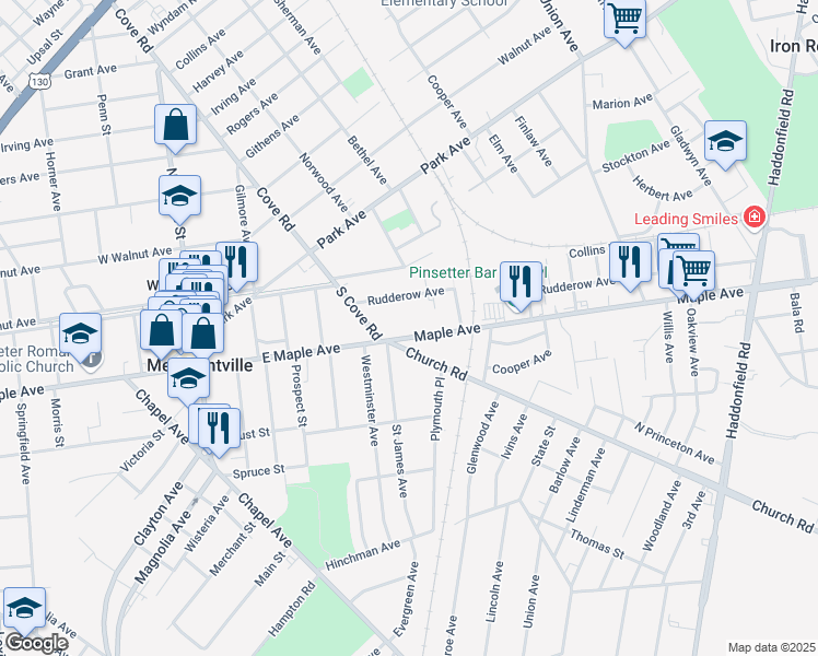 map of restaurants, bars, coffee shops, grocery stores, and more near in Pennsauken Township