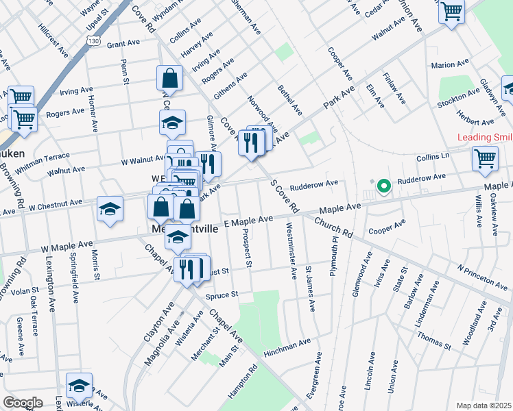 map of restaurants, bars, coffee shops, grocery stores, and more near in Merchantville