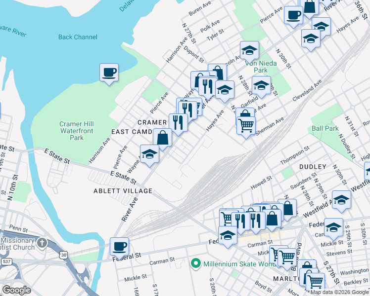 map of restaurants, bars, coffee shops, grocery stores, and more near 916 North 19th Street in Camden