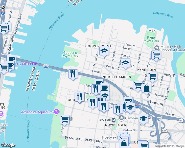 map of restaurants, bars, coffee shops, grocery stores, and more near 1 Pearl Street in Camden