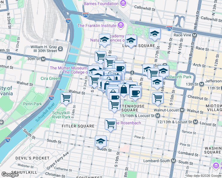 map of restaurants, bars, coffee shops, grocery stores, and more near 2025 Sansom Street in Philadelphia