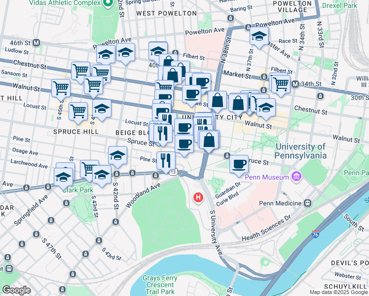 map of restaurants, bars, coffee shops, grocery stores, and more near 2310 Delancey Street in Philadelphia