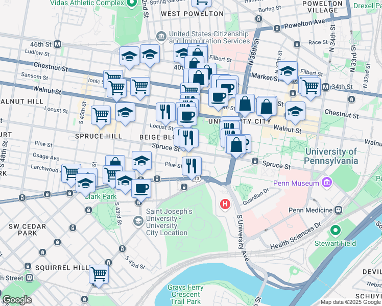 map of restaurants, bars, coffee shops, grocery stores, and more near 3940 Delancey Street in Philadelphia