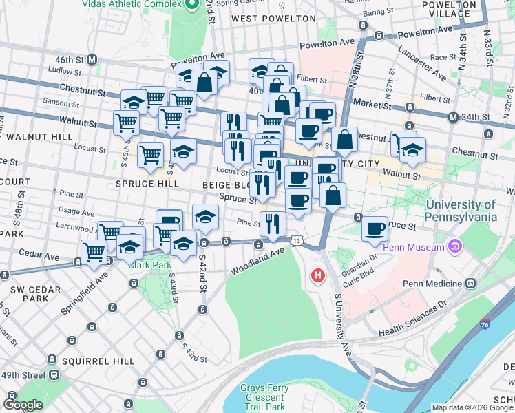 map of restaurants, bars, coffee shops, grocery stores, and more near 4015 Pine Street in Philadelphia