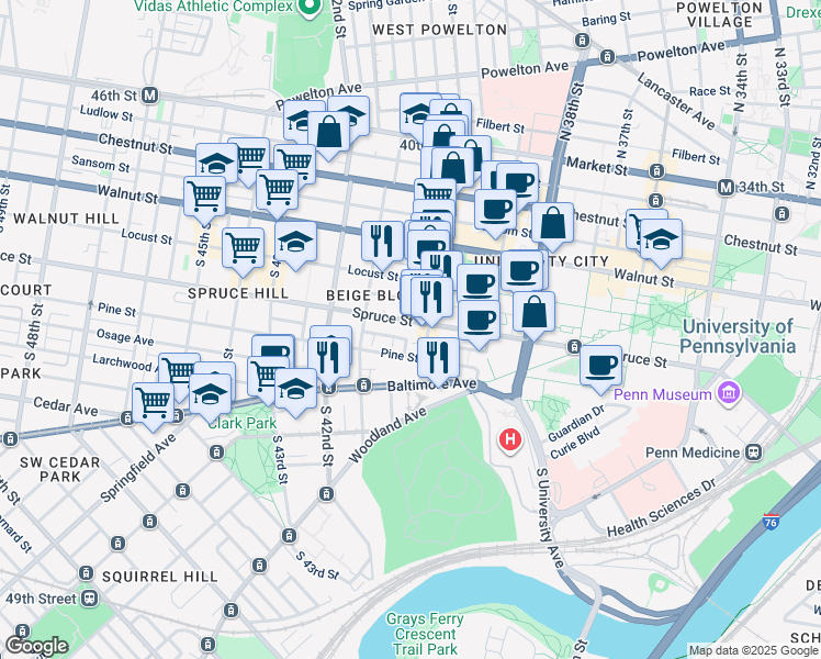 map of restaurants, bars, coffee shops, grocery stores, and more near 4015 Pine Street in Philadelphia