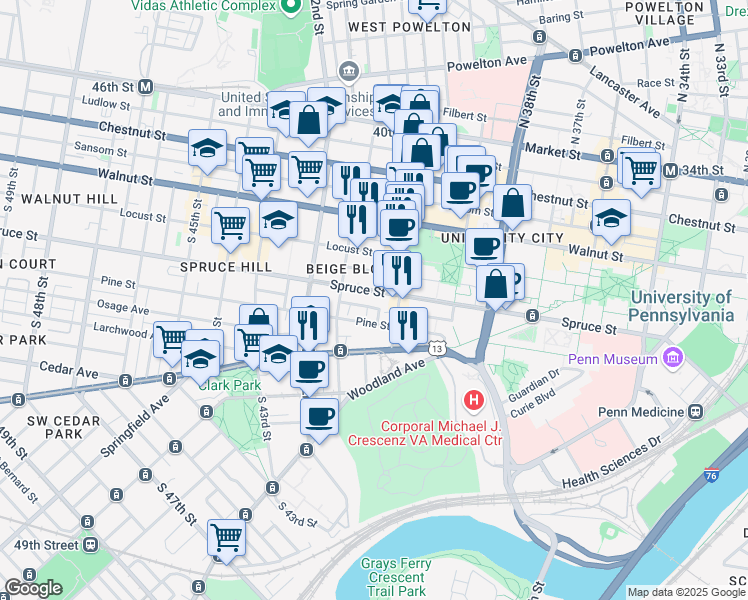map of restaurants, bars, coffee shops, grocery stores, and more near 4015 Pine Street in Philadelphia