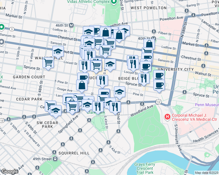 map of restaurants, bars, coffee shops, grocery stores, and more near 4226 Pine Street in Philadelphia