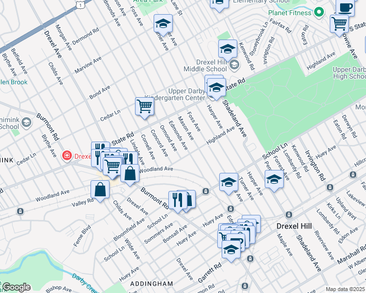map of restaurants, bars, coffee shops, grocery stores, and more near 700 Edmonds Avenue in Drexel Hill
