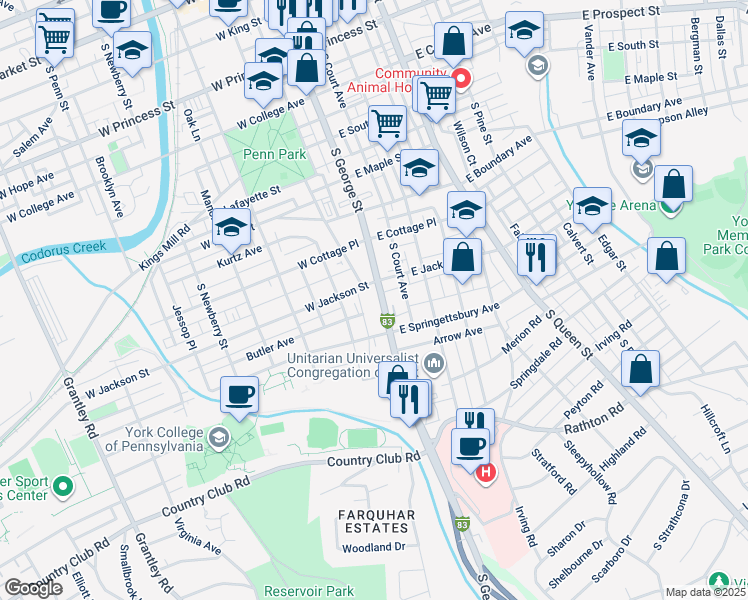 map of restaurants, bars, coffee shops, grocery stores, and more near 818 South George Street in York