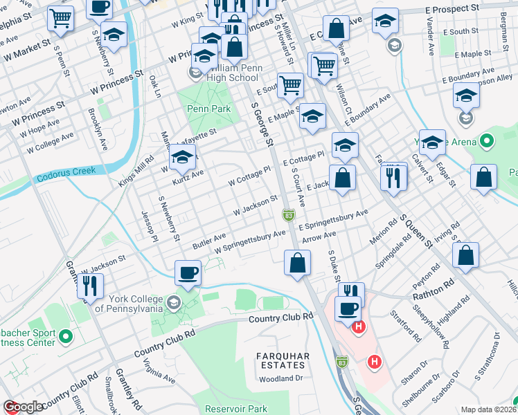 map of restaurants, bars, coffee shops, grocery stores, and more near 121 Butler Avenue in York
