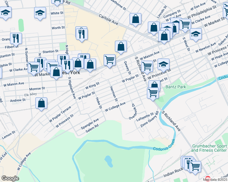 map of restaurants, bars, coffee shops, grocery stores, and more near 1268 West Princess Street in West York