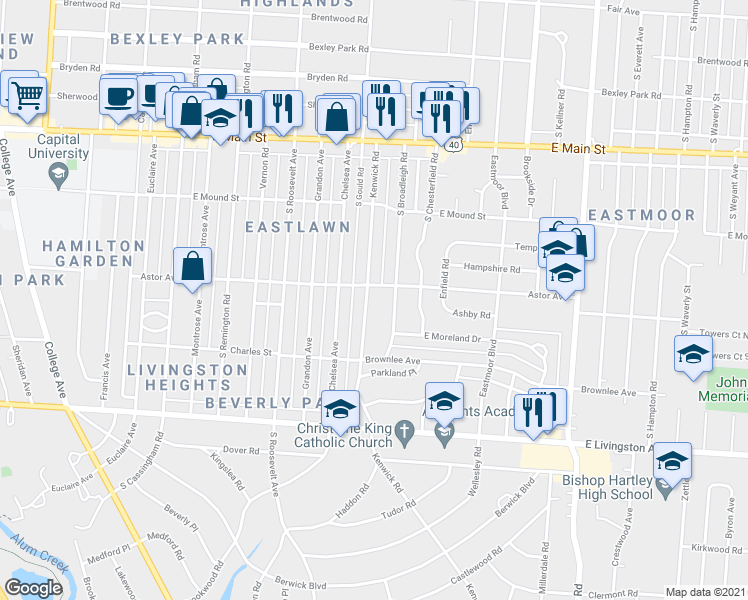 map of restaurants, bars, coffee shops, grocery stores, and more near 939 Kenwick Road in Columbus