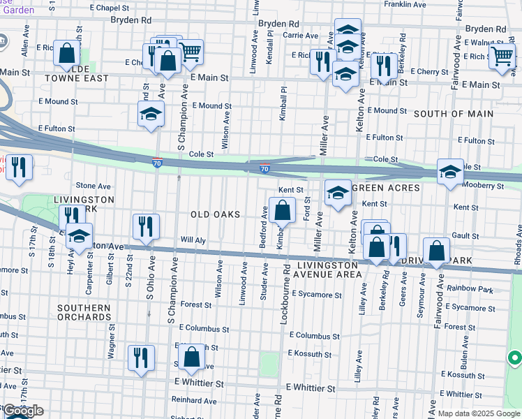 map of restaurants, bars, coffee shops, grocery stores, and more near 733 Bedford Avenue in Columbus