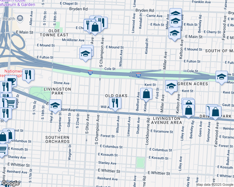 map of restaurants, bars, coffee shops, grocery stores, and more near 717 Wilson Avenue in Columbus