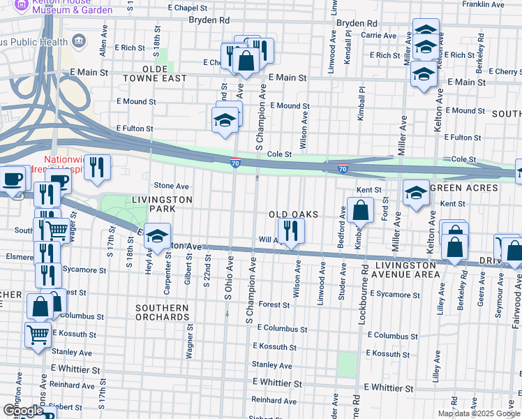 map of restaurants, bars, coffee shops, grocery stores, and more near 704 South Champion Avenue in Columbus