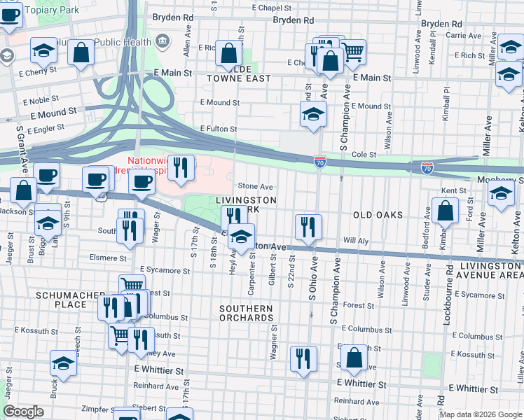 map of restaurants, bars, coffee shops, grocery stores, and more near 677 Gilbert Street in Columbus