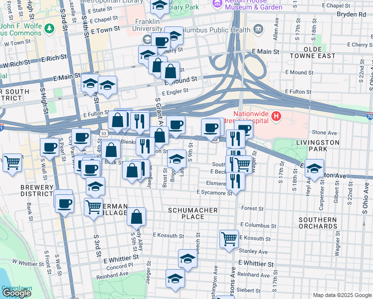 map of restaurants, bars, coffee shops, grocery stores, and more near 603 Lathrop Street in Columbus