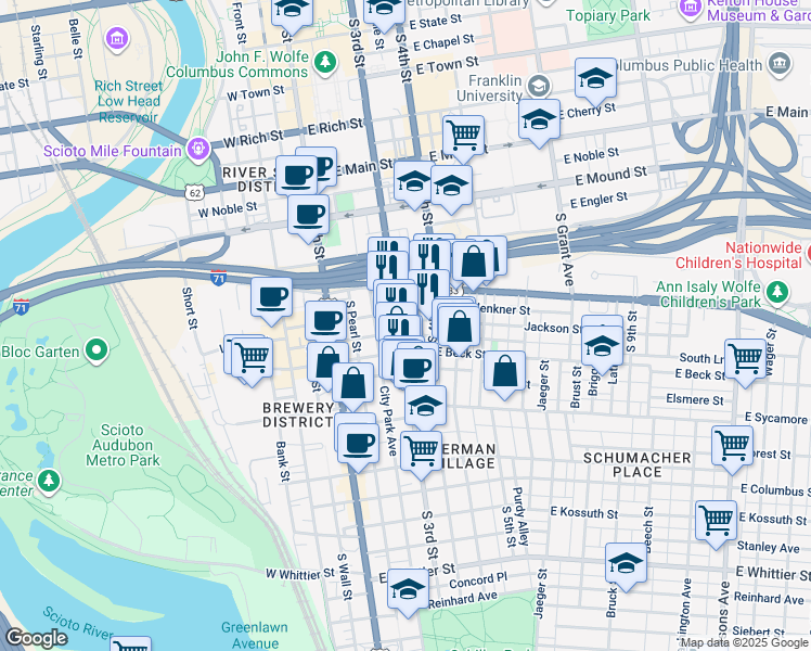 map of restaurants, bars, coffee shops, grocery stores, and more near 122 East Beck Street in Columbus