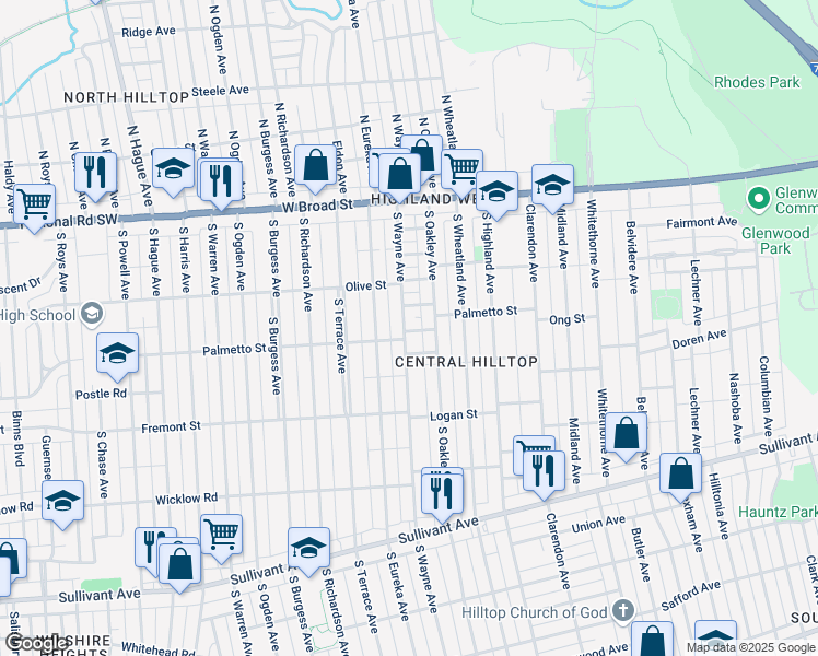 map of restaurants, bars, coffee shops, grocery stores, and more near 210s South Wayne Avenue in Columbus