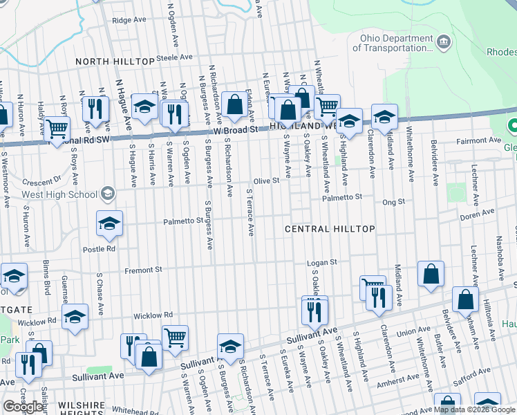 map of restaurants, bars, coffee shops, grocery stores, and more near 207 South Eureka Avenue in Columbus