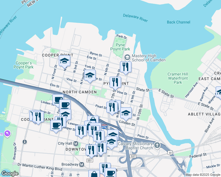 map of restaurants, bars, coffee shops, grocery stores, and more near 637 Vine Street in Camden
