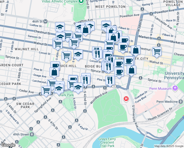map of restaurants, bars, coffee shops, grocery stores, and more near 300 South 41st Street in Philadelphia