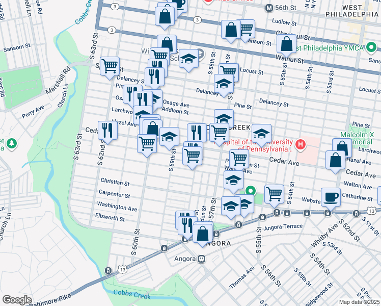 map of restaurants, bars, coffee shops, grocery stores, and more near 5819 Pemberton Street in Philadelphia
