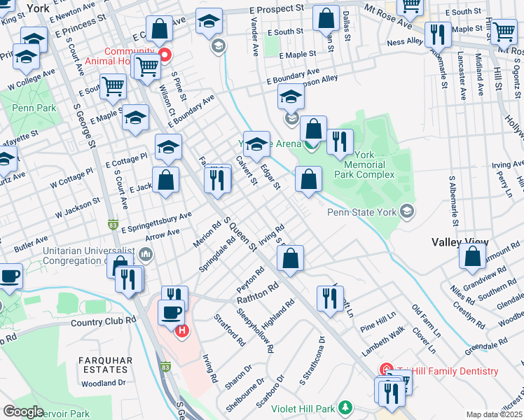 map of restaurants, bars, coffee shops, grocery stores, and more near 1003 South Pine Street in York