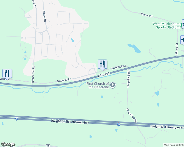 map of restaurants, bars, coffee shops, grocery stores, and more near 5971 National Rd in Zanesville