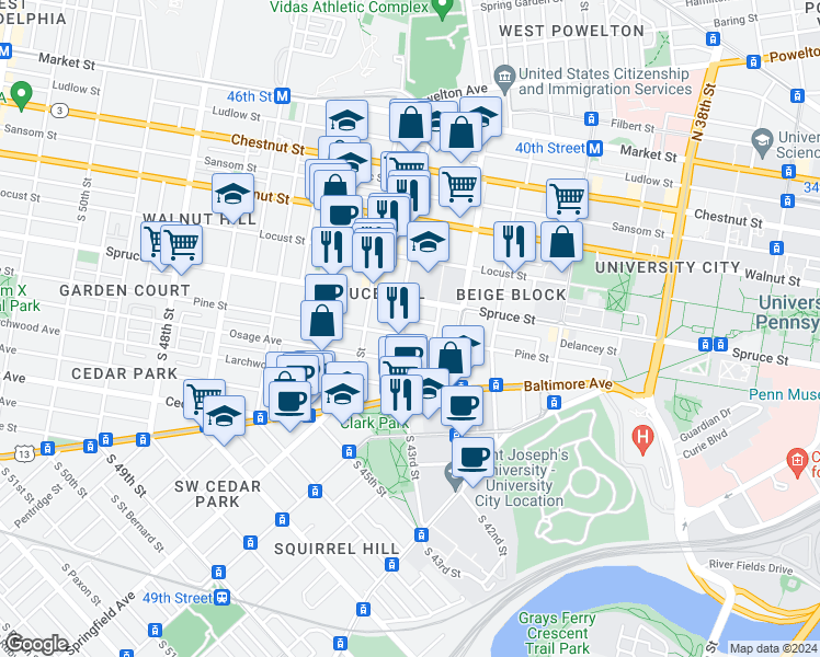map of restaurants, bars, coffee shops, grocery stores, and more near 329 South 43rd Street in Philadelphia