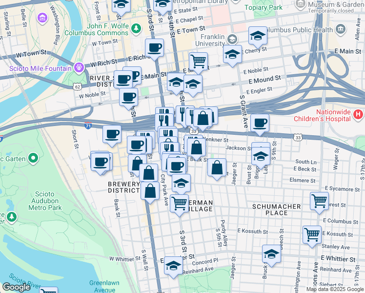 map of restaurants, bars, coffee shops, grocery stores, and more near 122 East Beck Street in Columbus