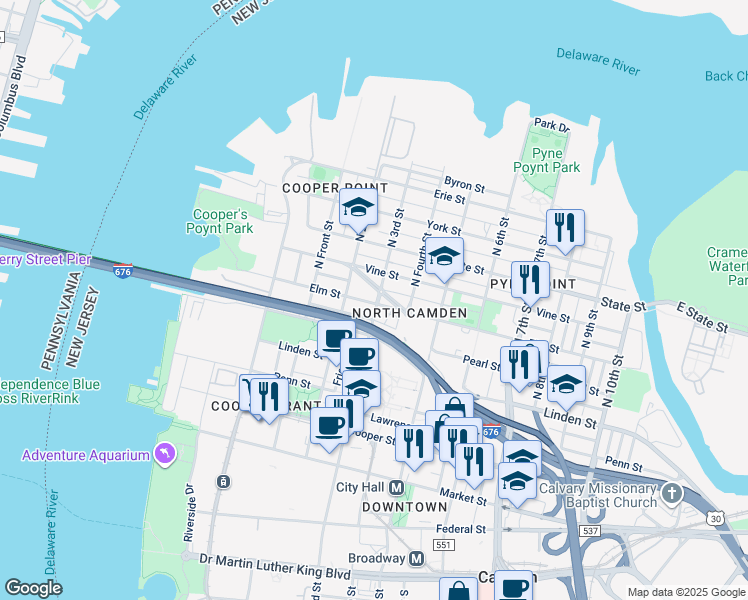 map of restaurants, bars, coffee shops, grocery stores, and more near 527 North 3rd Street in Camden