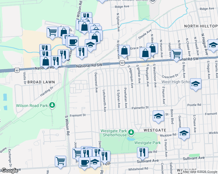 map of restaurants, bars, coffee shops, grocery stores, and more near 156 South Southampton Avenue in Columbus