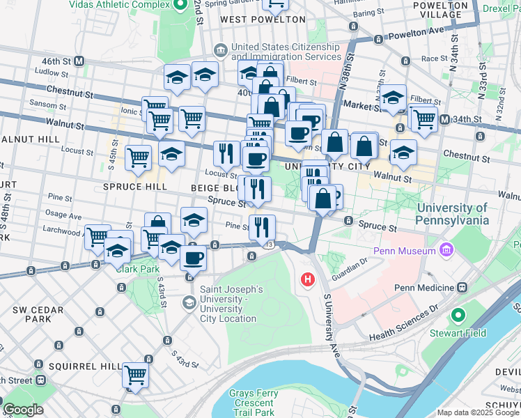 map of restaurants, bars, coffee shops, grocery stores, and more near 3940 Spruce Street in Philadelphia