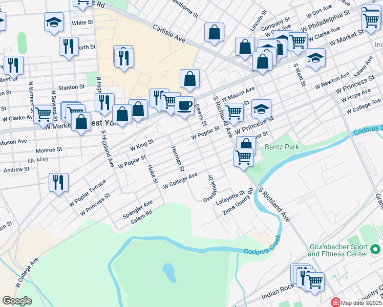 map of restaurants, bars, coffee shops, grocery stores, and more near 1224 West Princess Street in West York