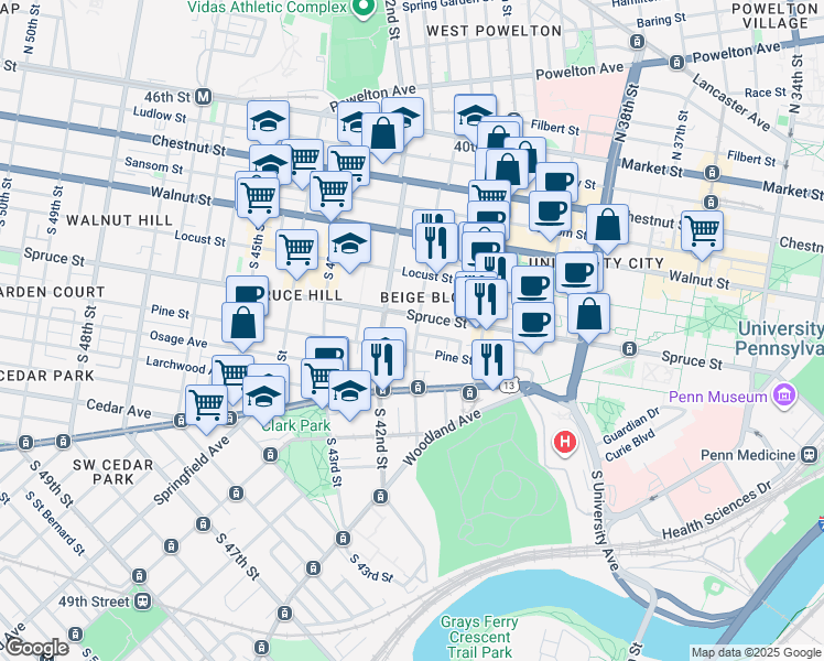 map of restaurants, bars, coffee shops, grocery stores, and more near 300 South 41st Street in Philadelphia