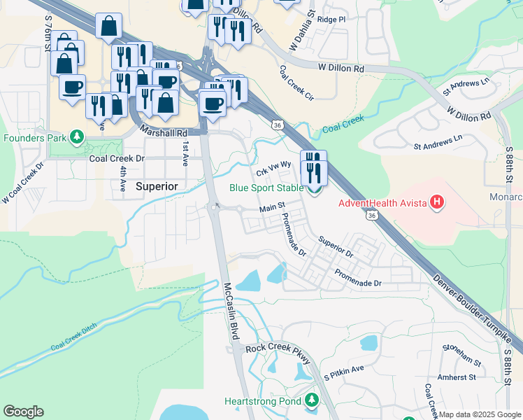 map of restaurants, bars, coffee shops, grocery stores, and more near Main Street in Superior