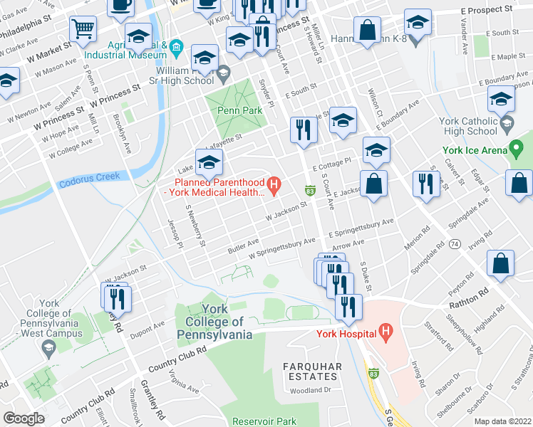map of restaurants, bars, coffee shops, grocery stores, and more near 129 West Jackson Street in York