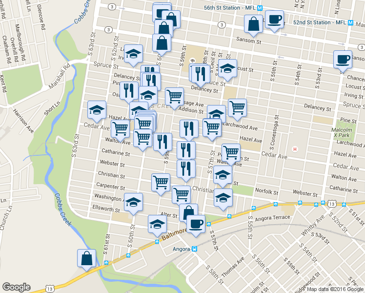 map of restaurants, bars, coffee shops, grocery stores, and more near 5825 Pemberton Street in Philadelphia