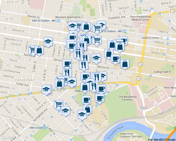 map of restaurants, bars, coffee shops, grocery stores, and more near 4223 Pine Street in Philadelphia