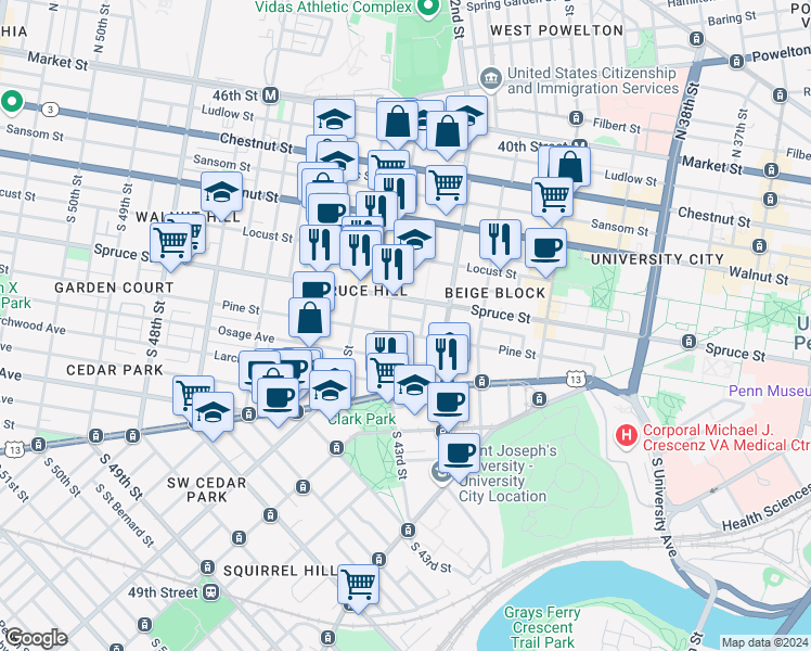 map of restaurants, bars, coffee shops, grocery stores, and more near 4223 Pine Street in Philadelphia