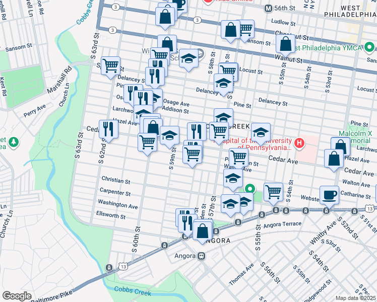 map of restaurants, bars, coffee shops, grocery stores, and more near 5825 Pemberton Street in Philadelphia